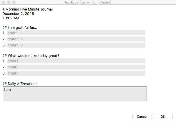 Five Minute Journal Morning TextExpander Snippet